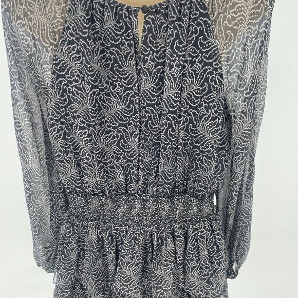 cinq a sept Black Mini Dress Sz 6 Tiered Print Silk Long Sleeve Smocked Babydoll - Picture 10 of 16